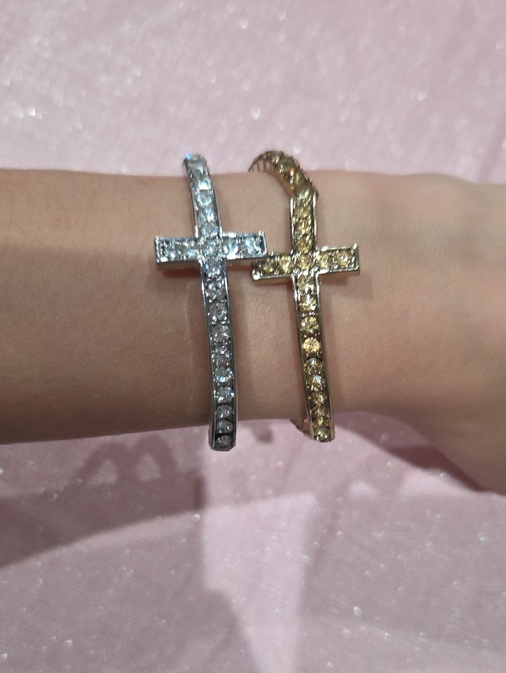 Classic Cross Crystal Bangle - Silver & Gold